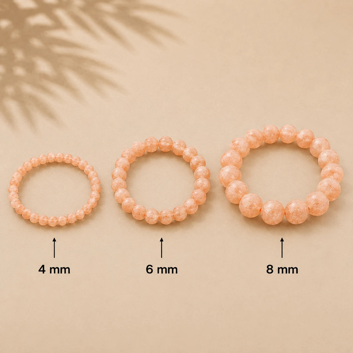 Rosa Mondstein Armband rund – Übersicht der Perlengrößen 4 mm, 6 mm und 8 mm