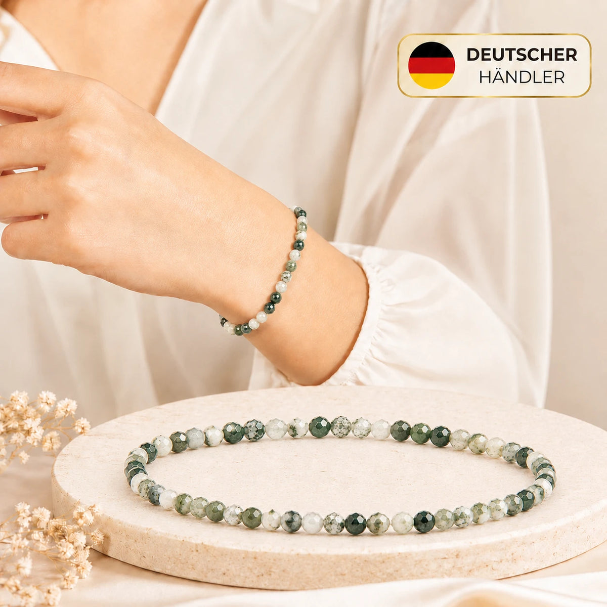 Baumjaspis Armband facettiert – Tragebild und Detailansicht