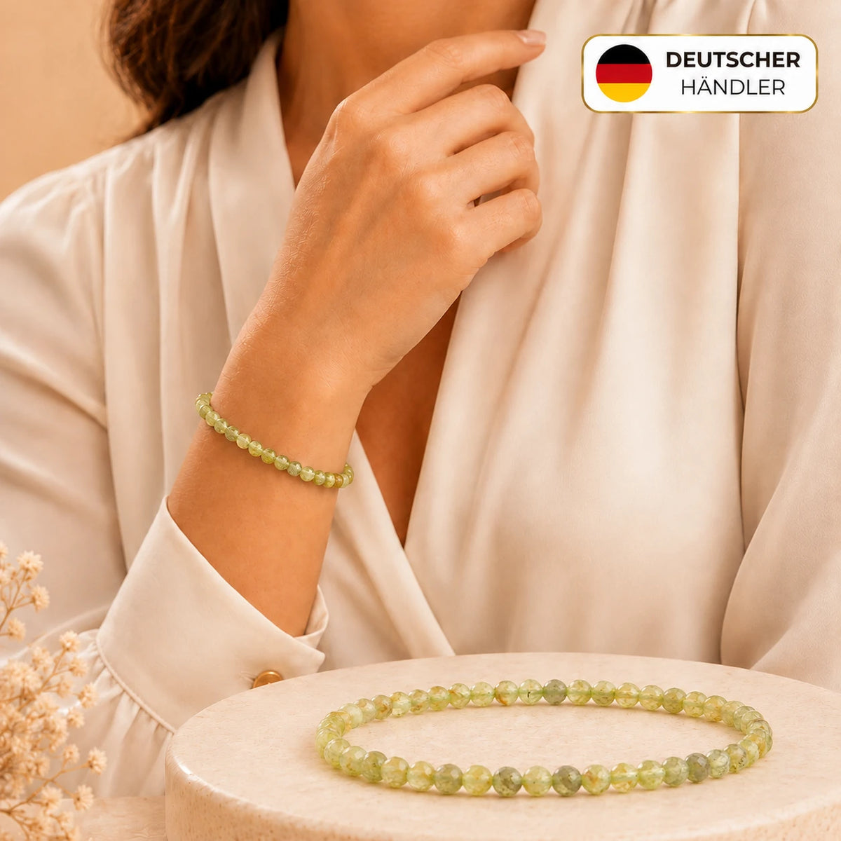 Peridot Armband facettiert – Tragebild und Detailansicht