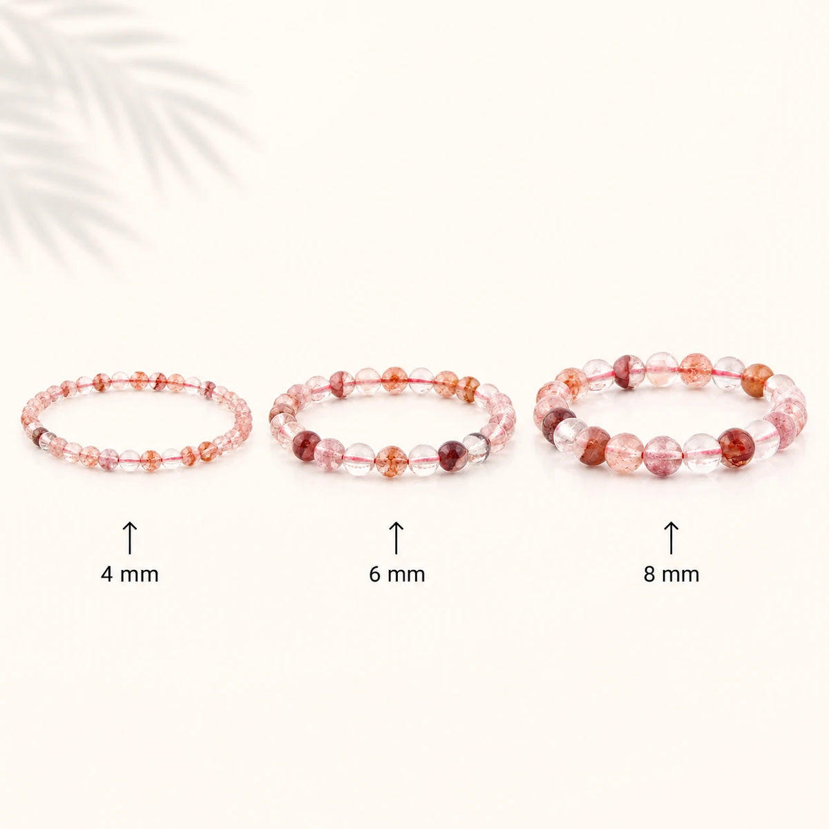 Hämatitquarz Armband rund – Übersicht der Perlengrößen 4 mm, 6 mm und 8 mm