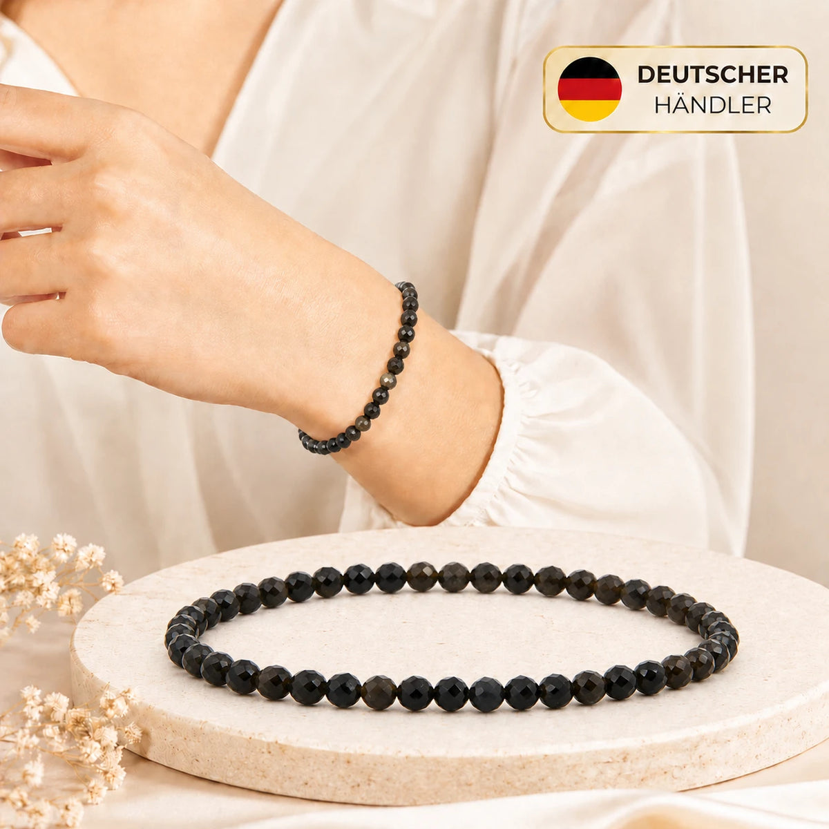 Goldobsidian Armband facettiert – Tragebild und Detailansicht