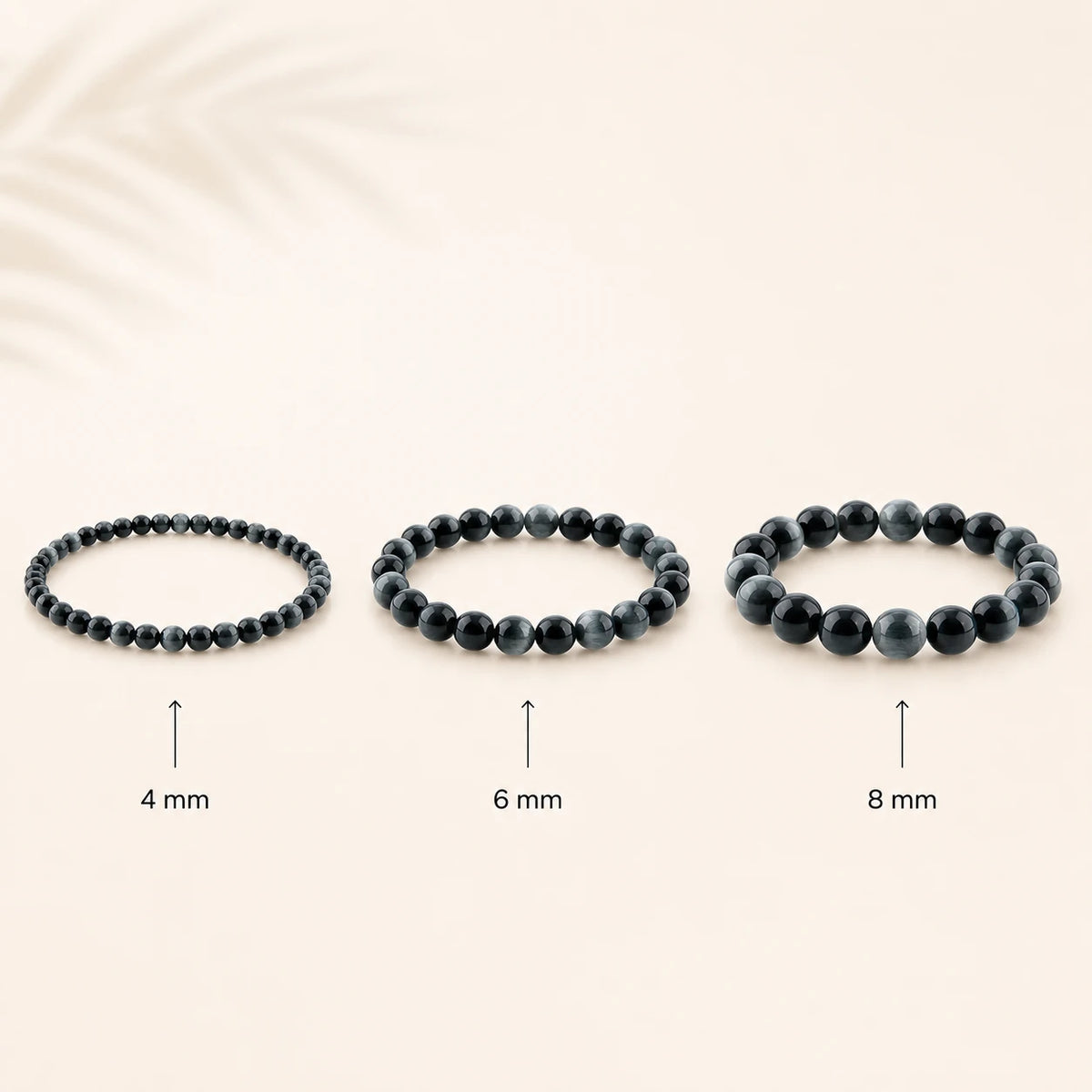 Adlerauge Armband rund – Übersicht der Perlengrößen 4 mm, 6 mm und 8 mm