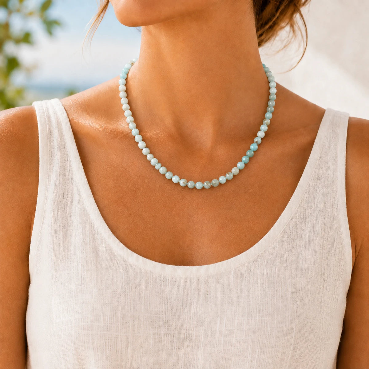 Larimar Halskette facettiert – Tragebild