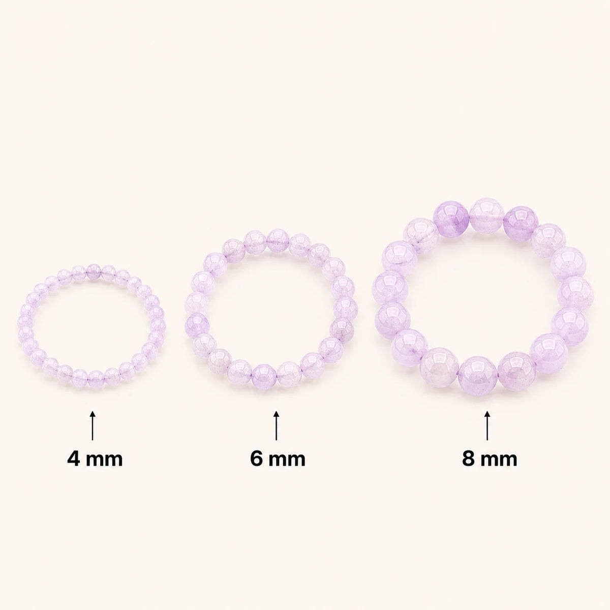 Lavendelamethyst Armband rund – Übersicht der Perlengrößen 4 mm, 6 mm und 8 mm