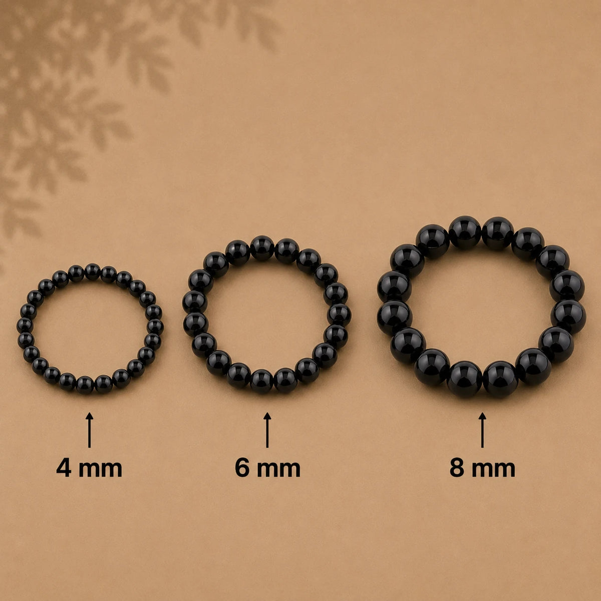 Silberobsidian Armband rund – Übersicht der Perlengrößen 4 mm, 6 mm und 8 mm