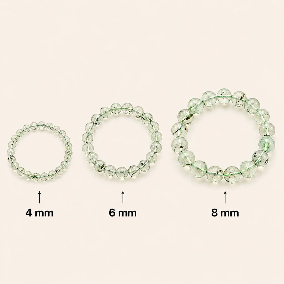 Prehnit Armband rund – Übersicht der Perlengrößen 4 mm, 6 mm und 8 mm