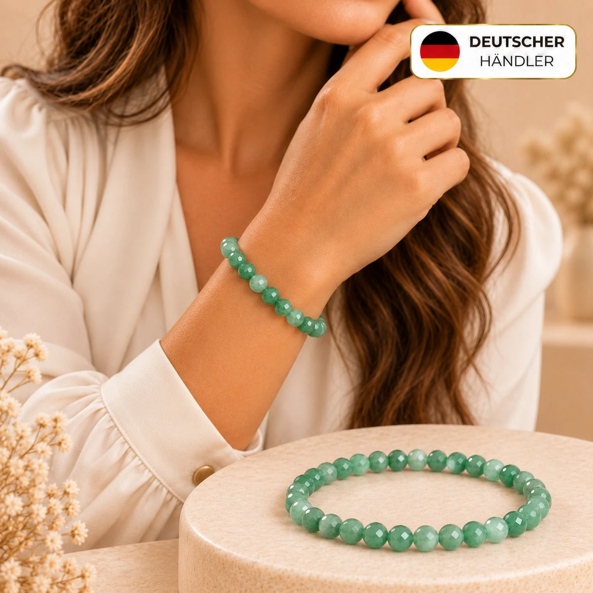 Grüner Aventurin Armband facettiert, 6 mm – Tragebild und Detailansicht