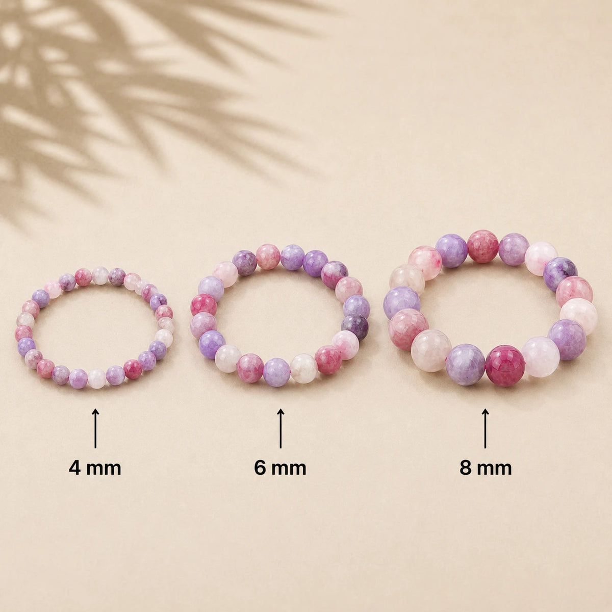 Rosa Turmalin Armband rund – Übersicht der Perlengrößen 4 mm, 6 mm und 8 mm