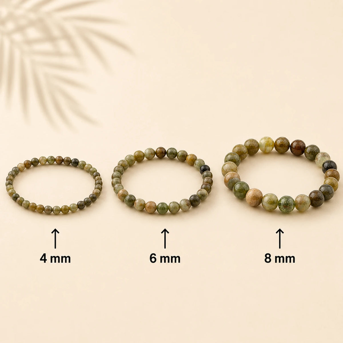 Grüner Granat Armband rund – Übersicht der Perlengrößen 4 mm, 6 mm und 8 mm