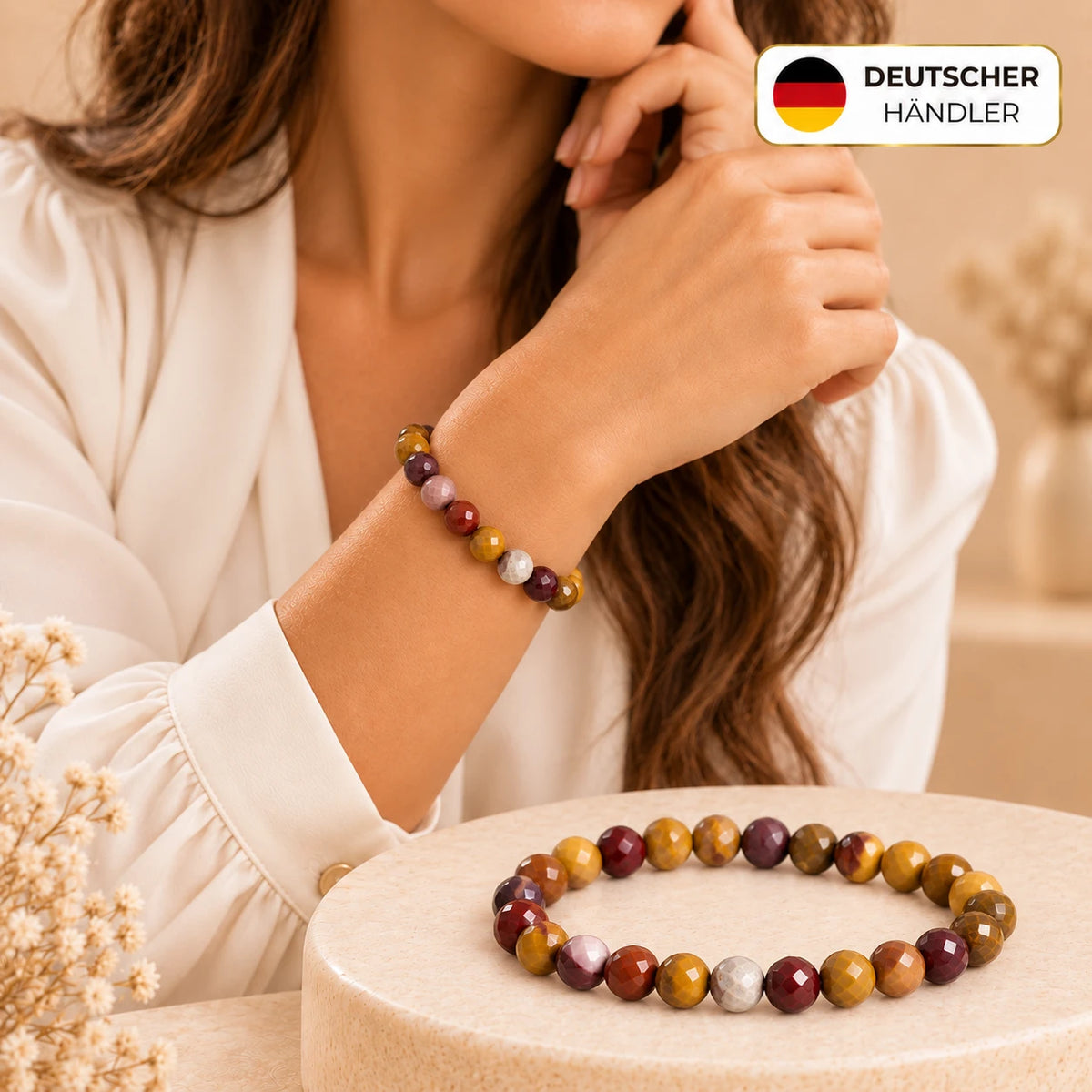 Mookait Armband facettiert, 6 mm – Tragebild und Detailansicht