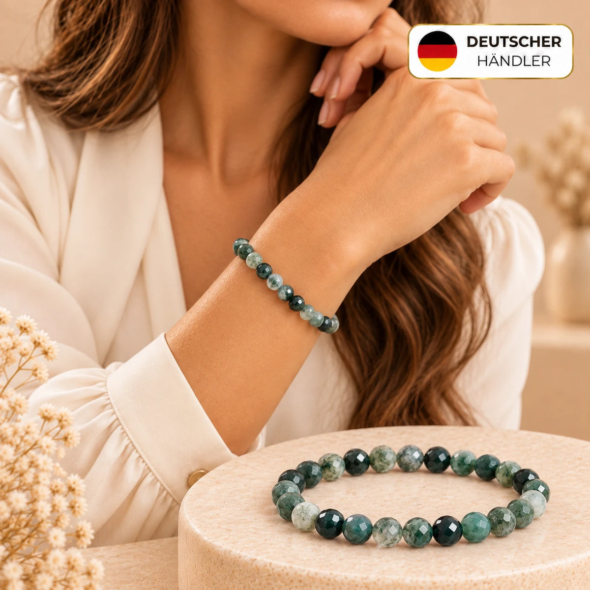 Moosachat Armband facettiert, 6 mm – Tragebild und Detailansicht