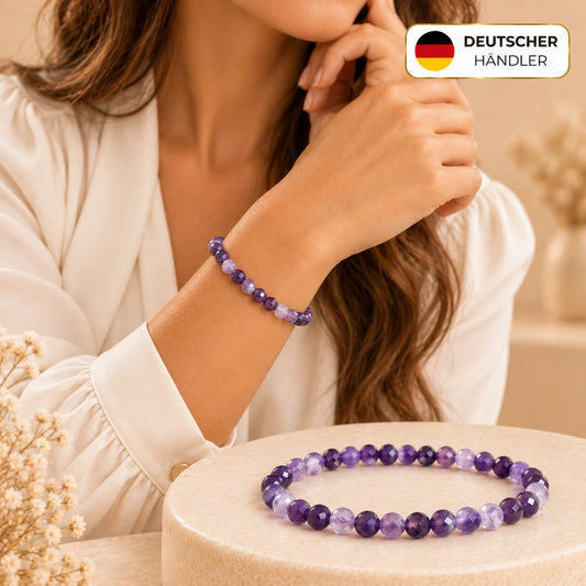 Amethyst Armband facettiert, 6 mm – Tragebild und Detailansicht