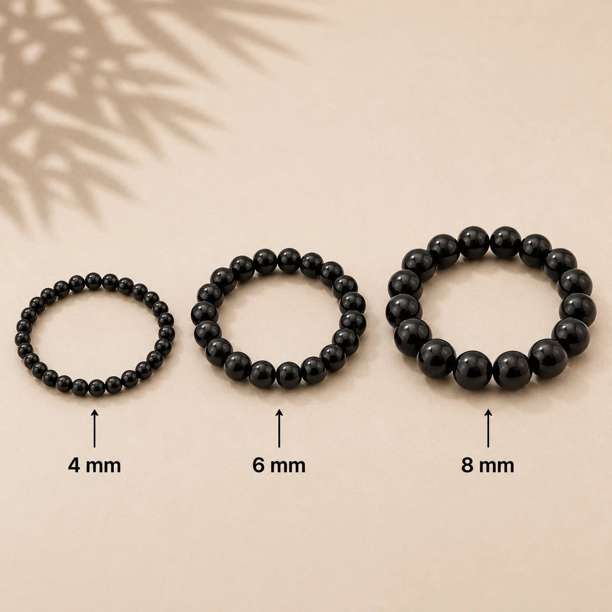 Schungit Armband rund – Übersicht der Perlengrößen 4 mm, 6 mm und 8 mm