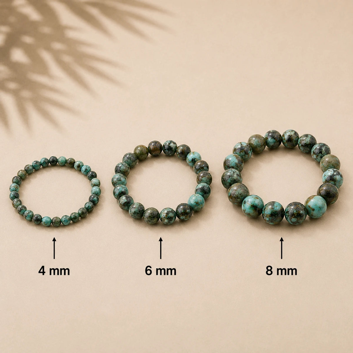 Afrikanischer Türkis Armband rund – Übersicht der Perlengrößen 4 mm, 6 mm und 8 mm
