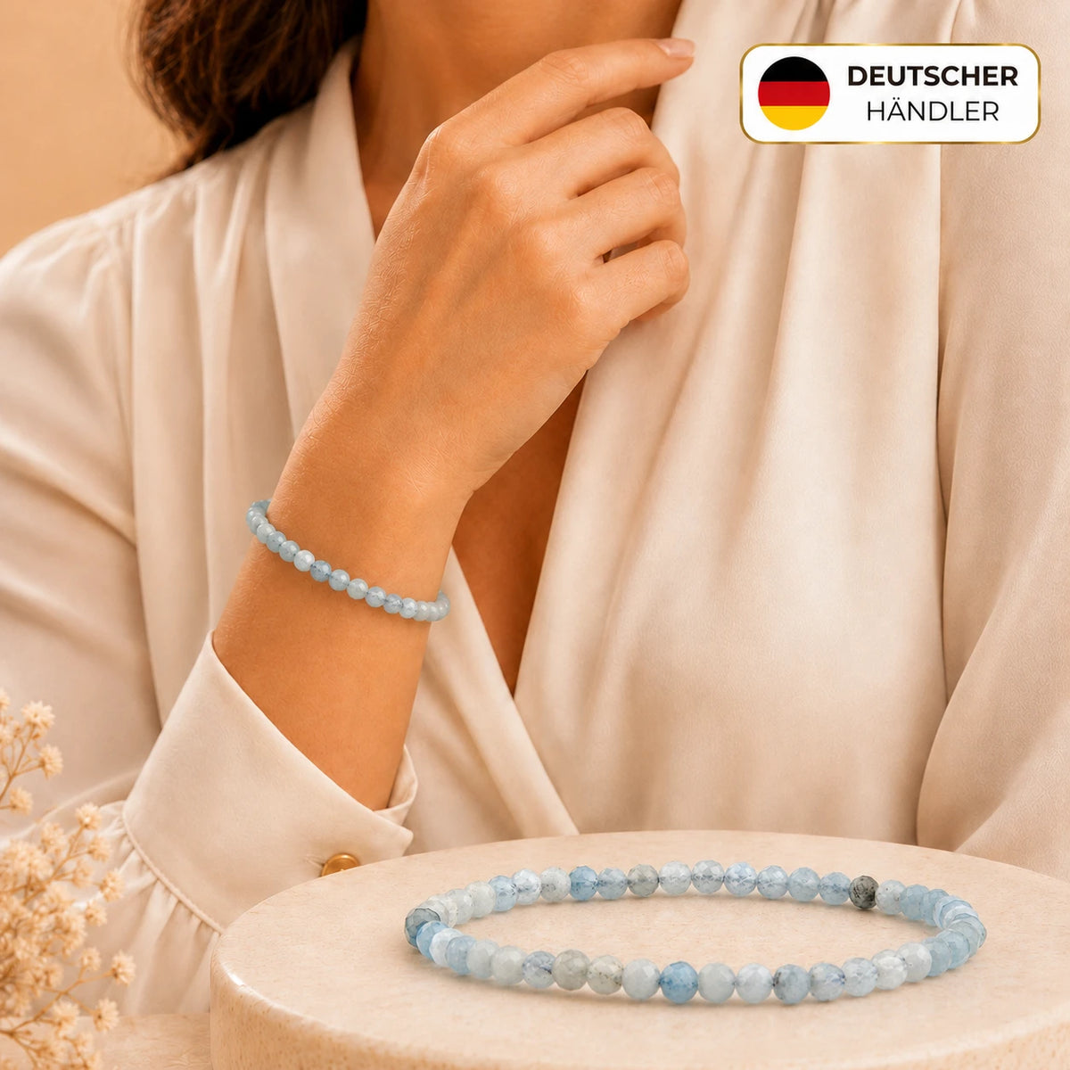 Aquamarin Armband facettiert – Tragebild und Detailansicht