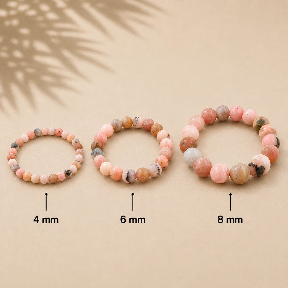 Rosa Opal Armband rund – Übersicht der Perlengrößen 4 mm, 6 mm und 8 mm