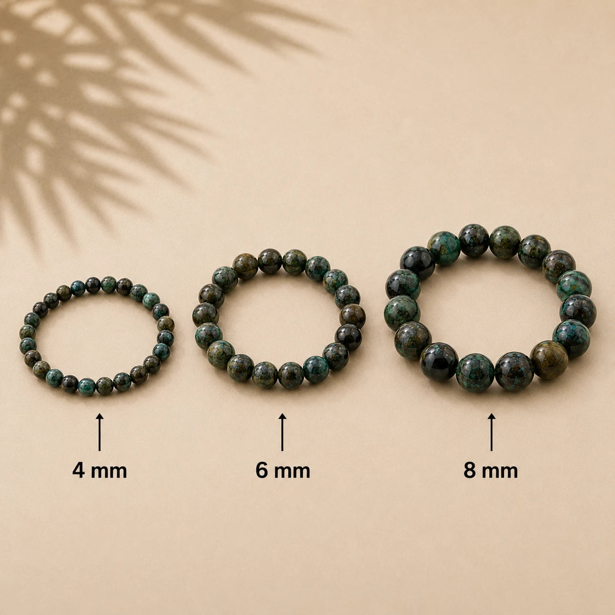 Chrysokoll Armband rund – Übersicht der Perlengrößen 4 mm, 6 mm und 8 mm