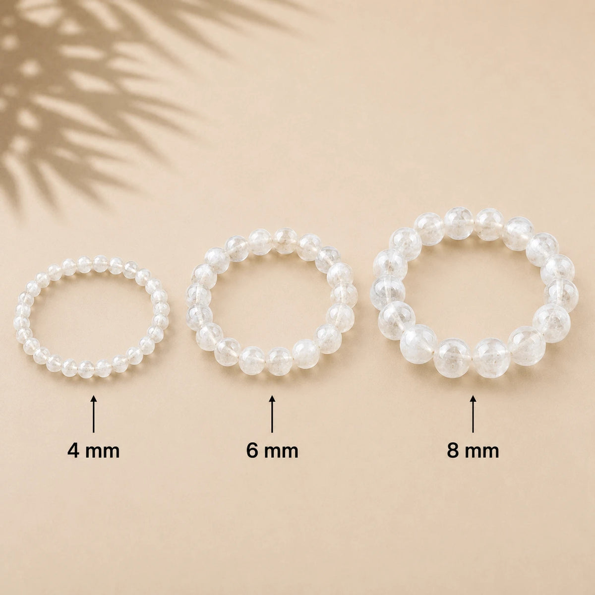 Selenit Armband rund – Übersicht der Perlengrößen 4 mm, 6 mm und 8 mm