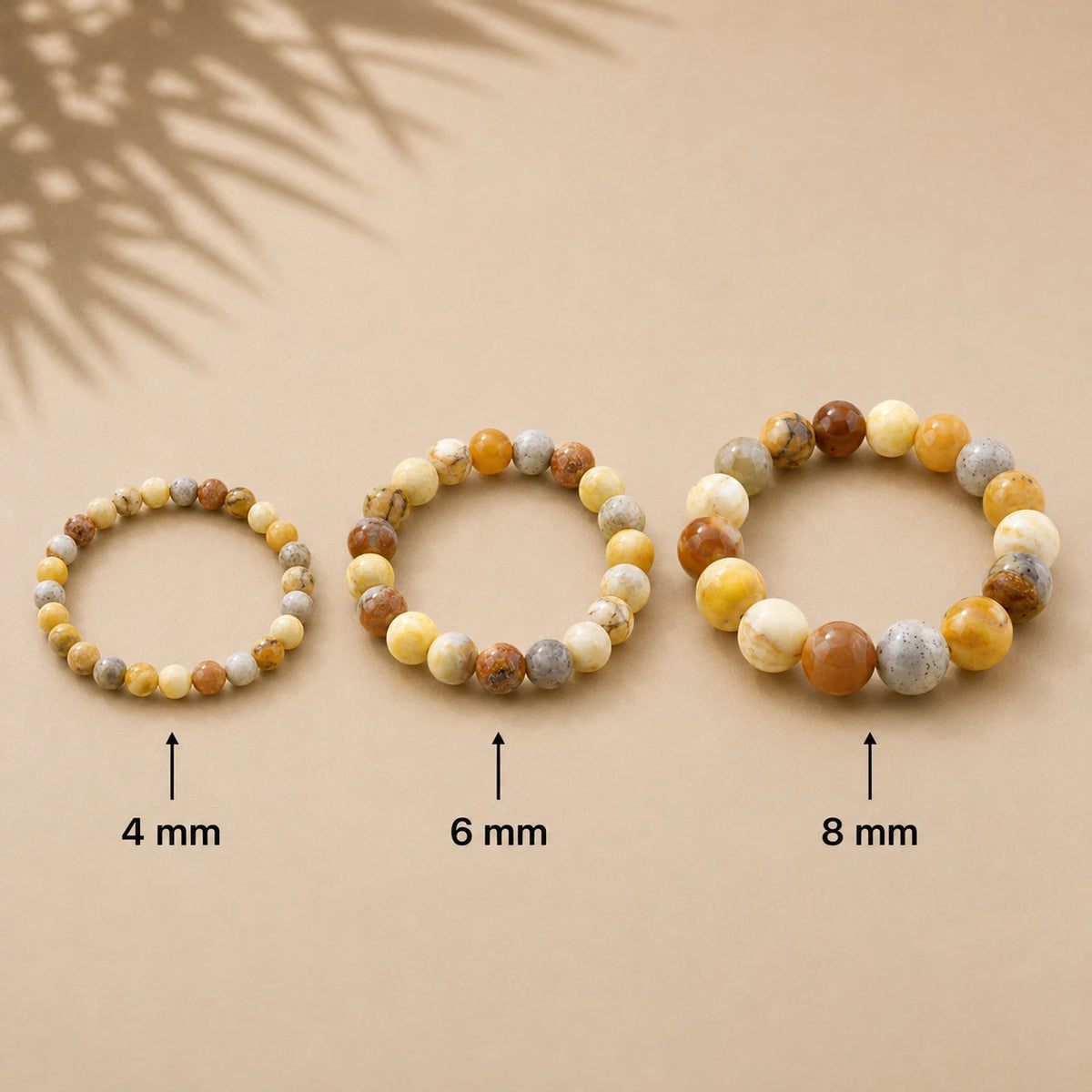 Gelber Opal Armband rund – Übersicht der Perlengrößen 4 mm, 6 mm und 8 mm