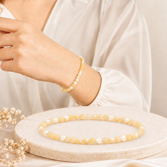 Gelber Muschelstein Armband facettiert – Tragebild und Detailansicht