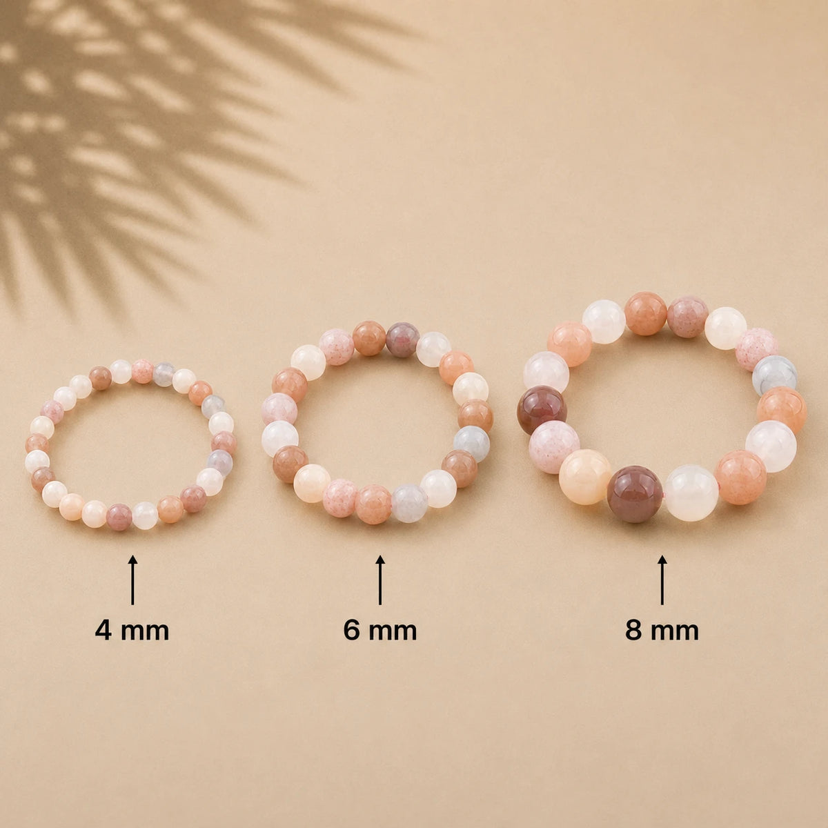 Mondstein-Mix Armband rund – Übersicht der Perlengrößen 4 mm, 6 mm und 8 mm