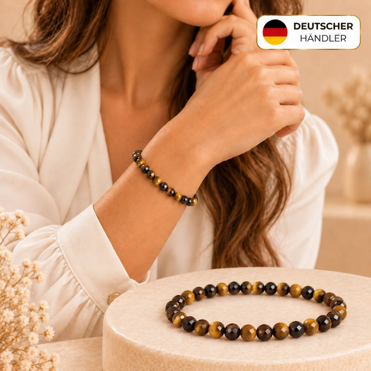 Gelbes Tigerauge Armband facettiert, 6 mm – Tragebild und Detailansicht