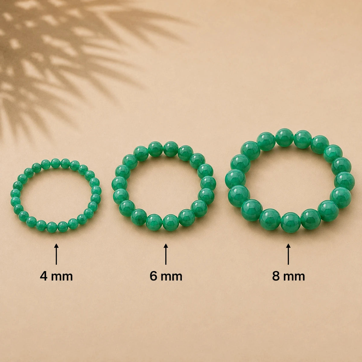 Fuchsit Armband rund – Übersicht der Perlengrößen 4 mm, 6 mm und 8 mm