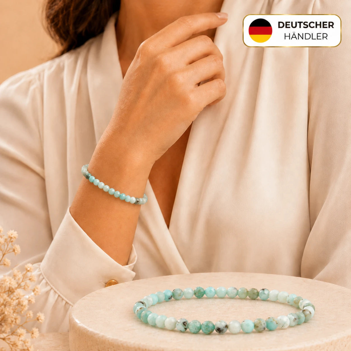 Chrysopras Armband facettiert – Tragebild und Detailansicht