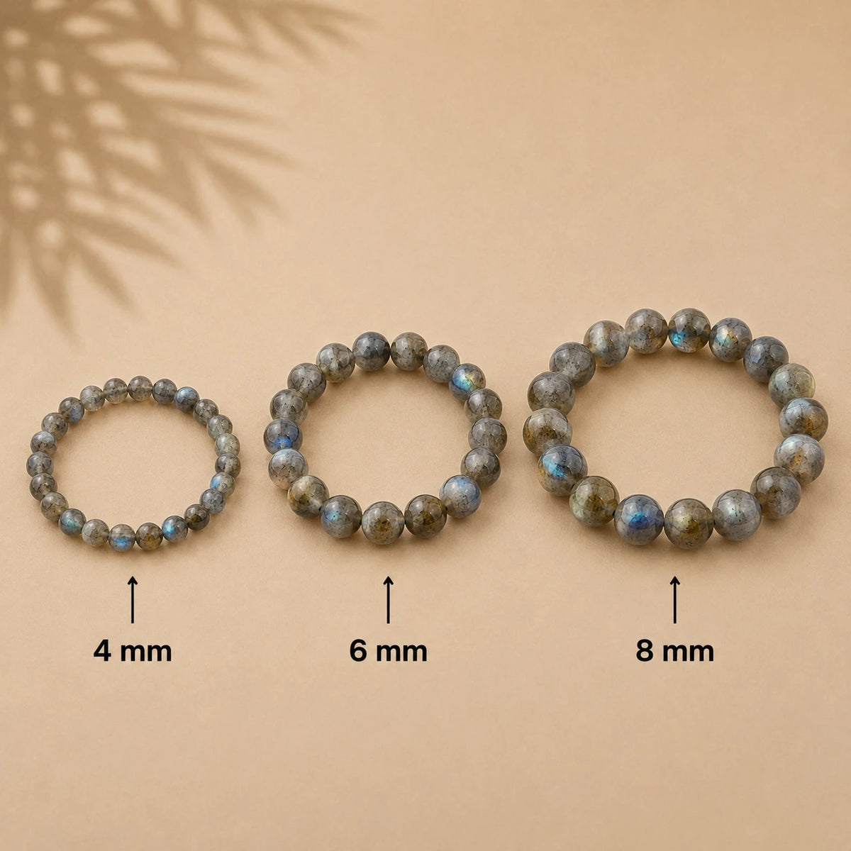Labradorit Armband rund – Übersicht der Perlengrößen 4 mm, 6 mm und 8 mm