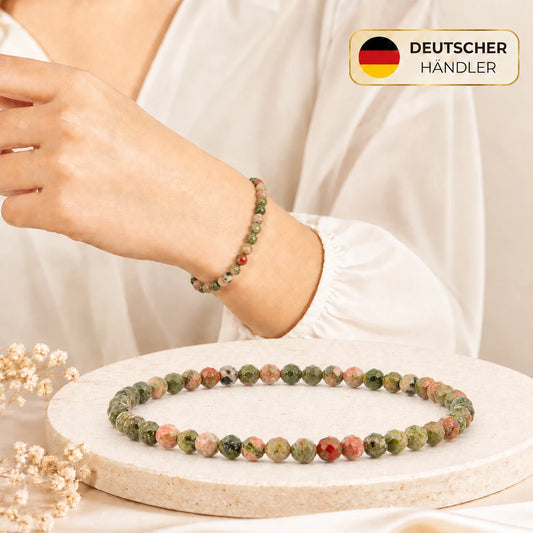 Unakit Armband facettiert – Tragebild und Detailansicht