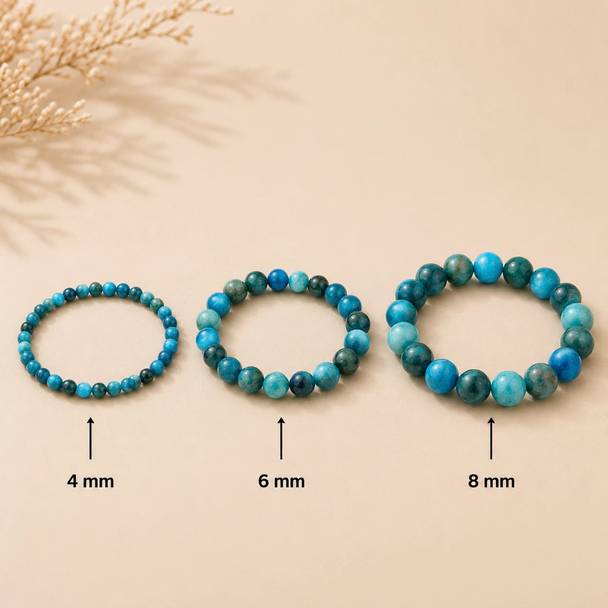 Apatit Armband rund – Übersicht der Perlengrößen 4 mm, 6 mm und 8 mm