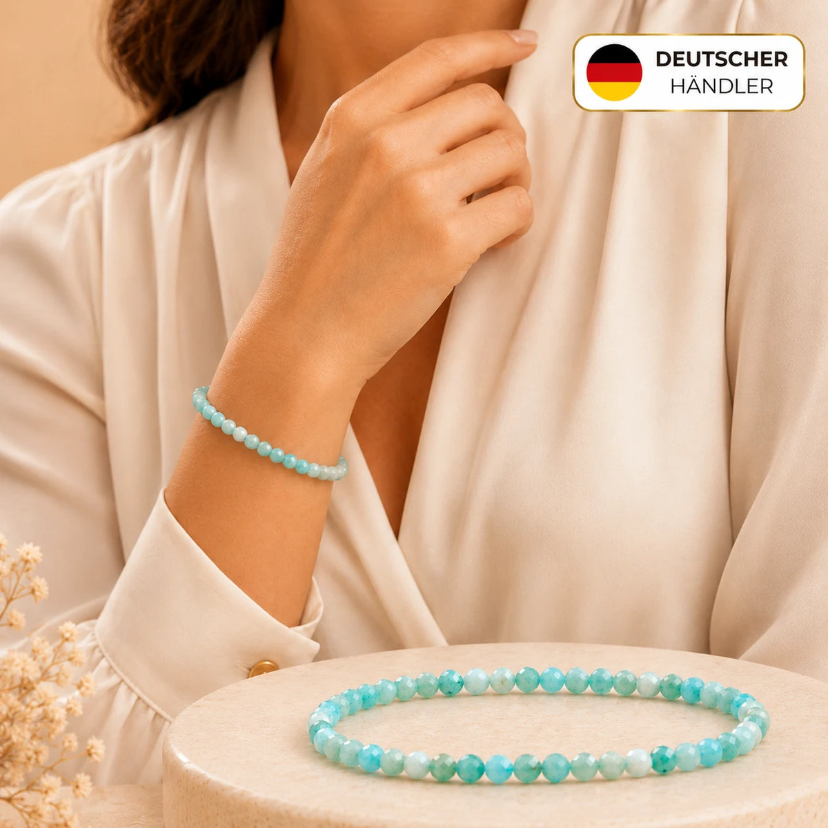 Amazonit Armband facettiert – Tragebild und Detailansicht