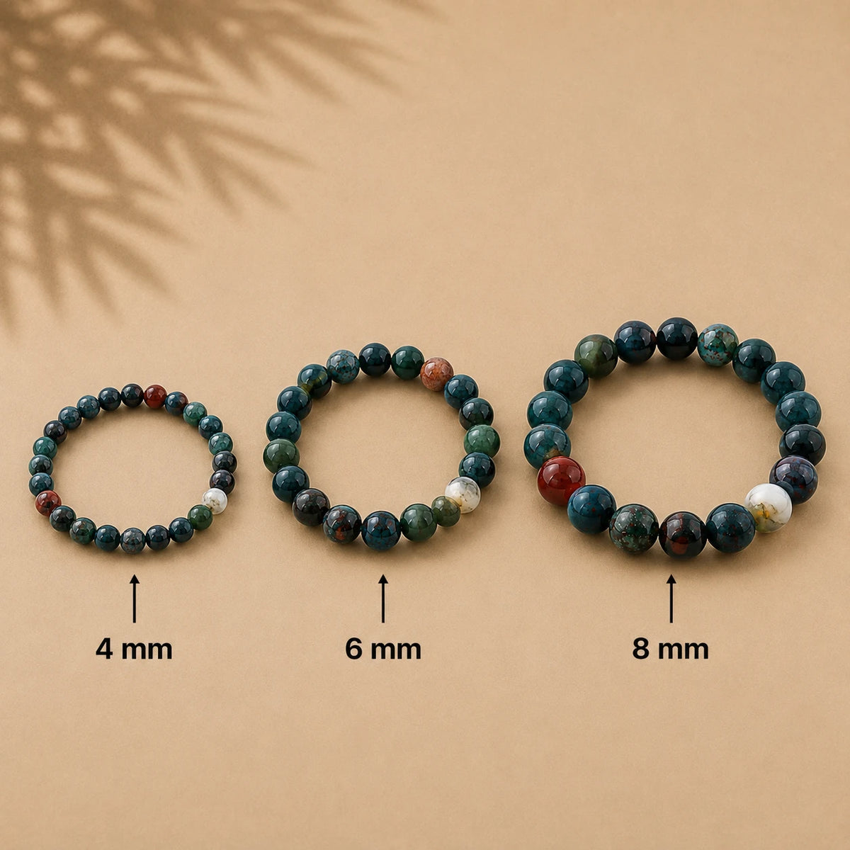 Heliotrop Armband rund – Übersicht der Perlengrößen 4 mm, 6 mm und 8 mm