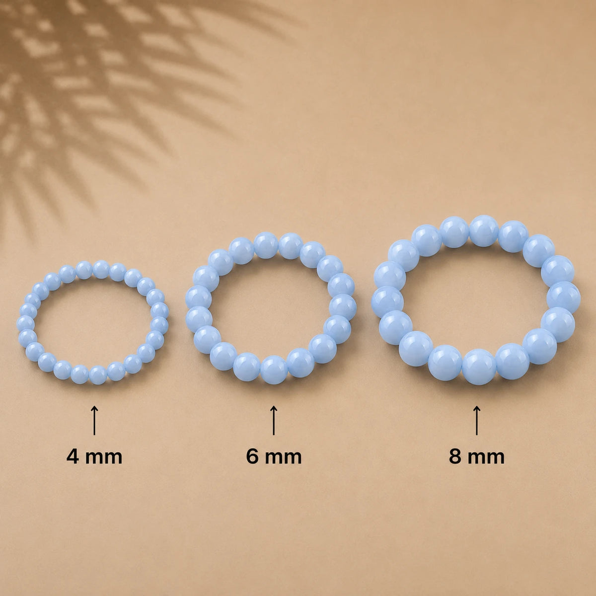 Angelit Armband rund – Übersicht der Perlengrößen 4 mm, 6 mm und 8 mm