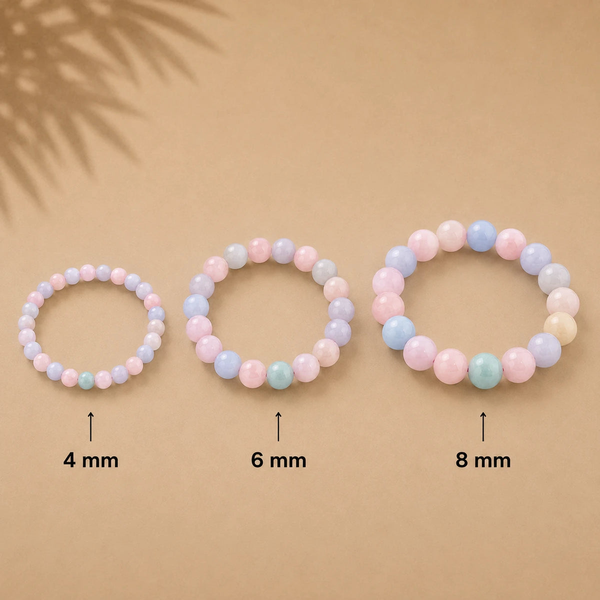 Beryll Armband rund – Übersicht der Perlengrößen 4 mm, 6 mm und 8 mm