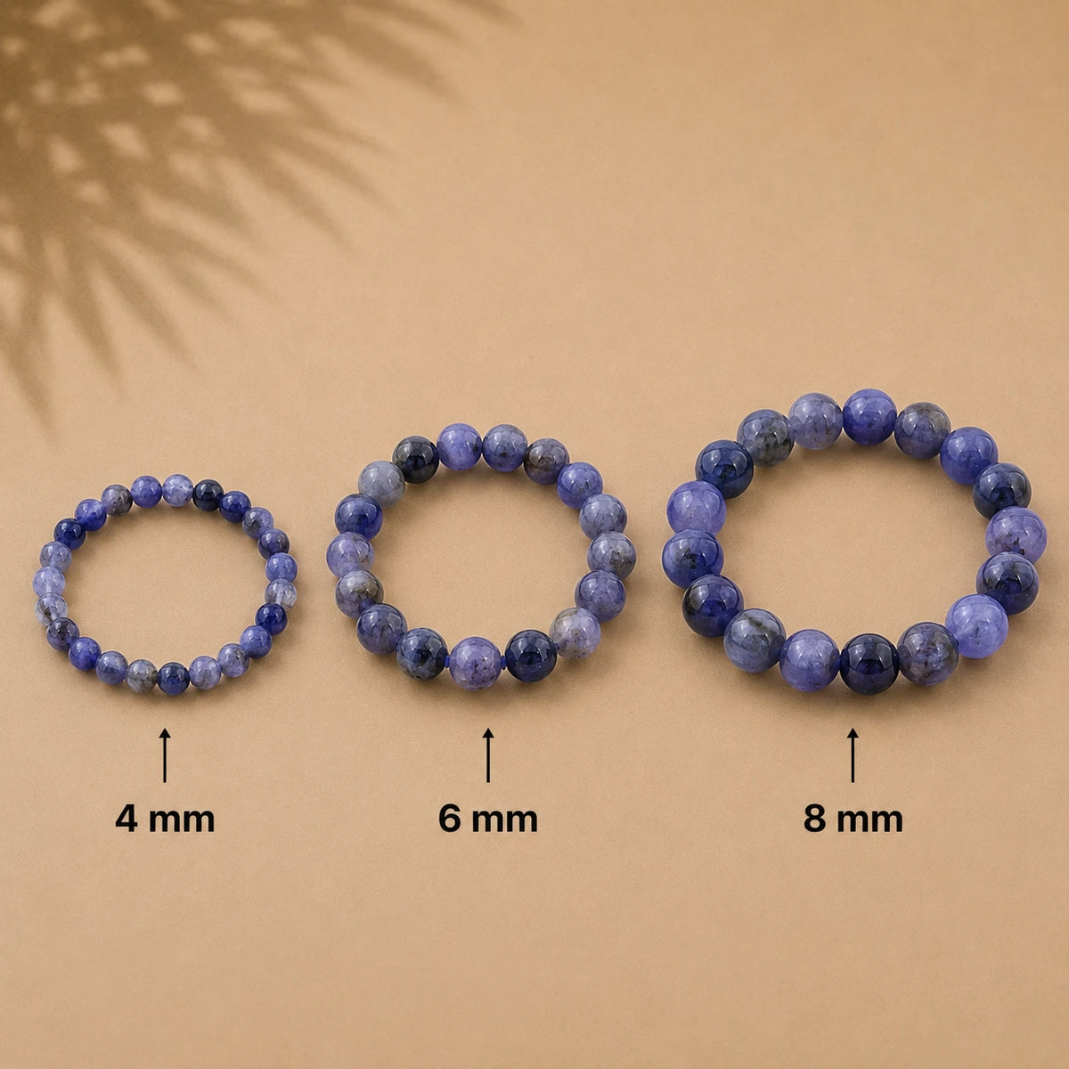 Iolith Armband rund – Übersicht der Perlengrößen 4 mm, 6 mm und 8 mm