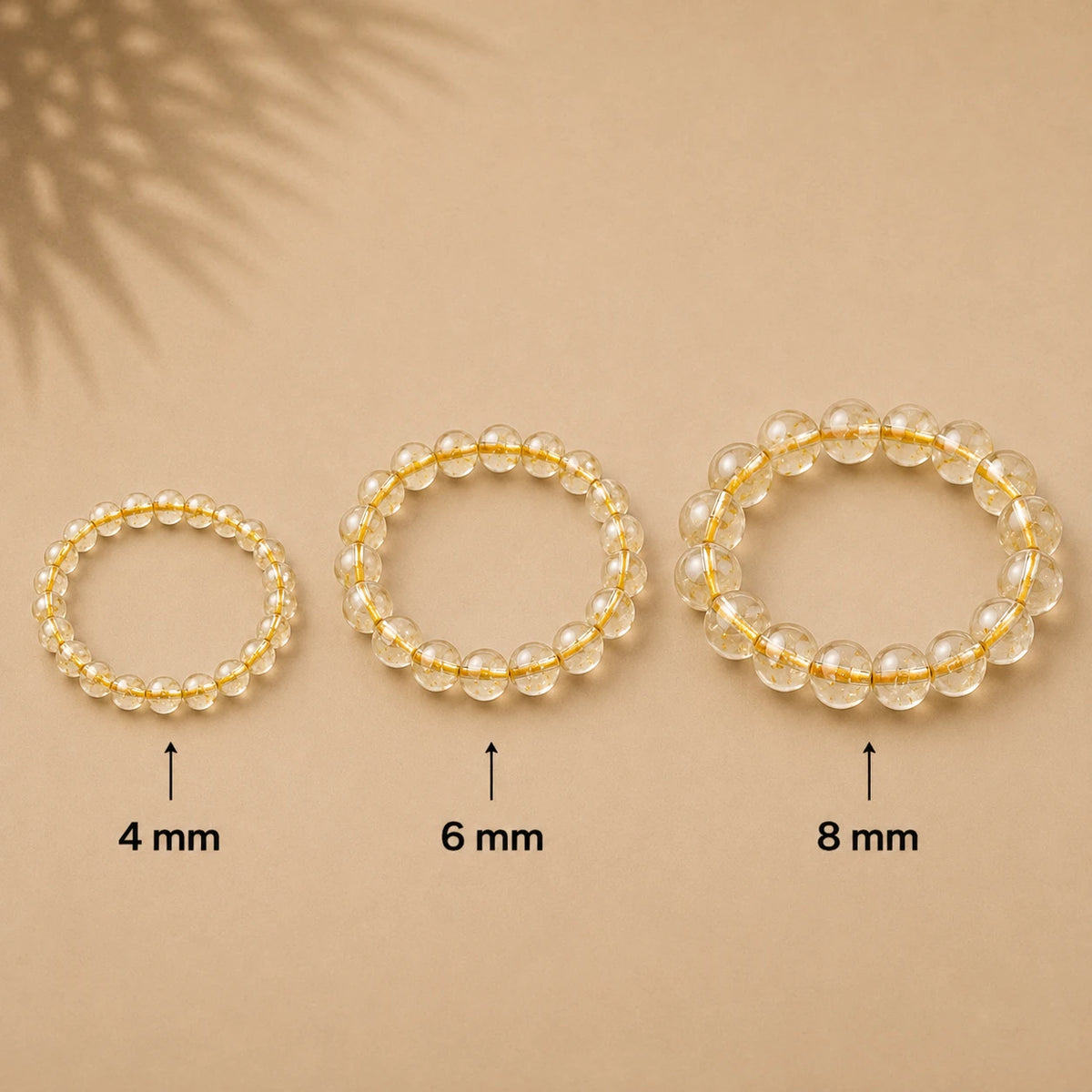 Citrin Armband rund – Übersicht der Perlengrößen 4 mm, 6 mm und 8 mm