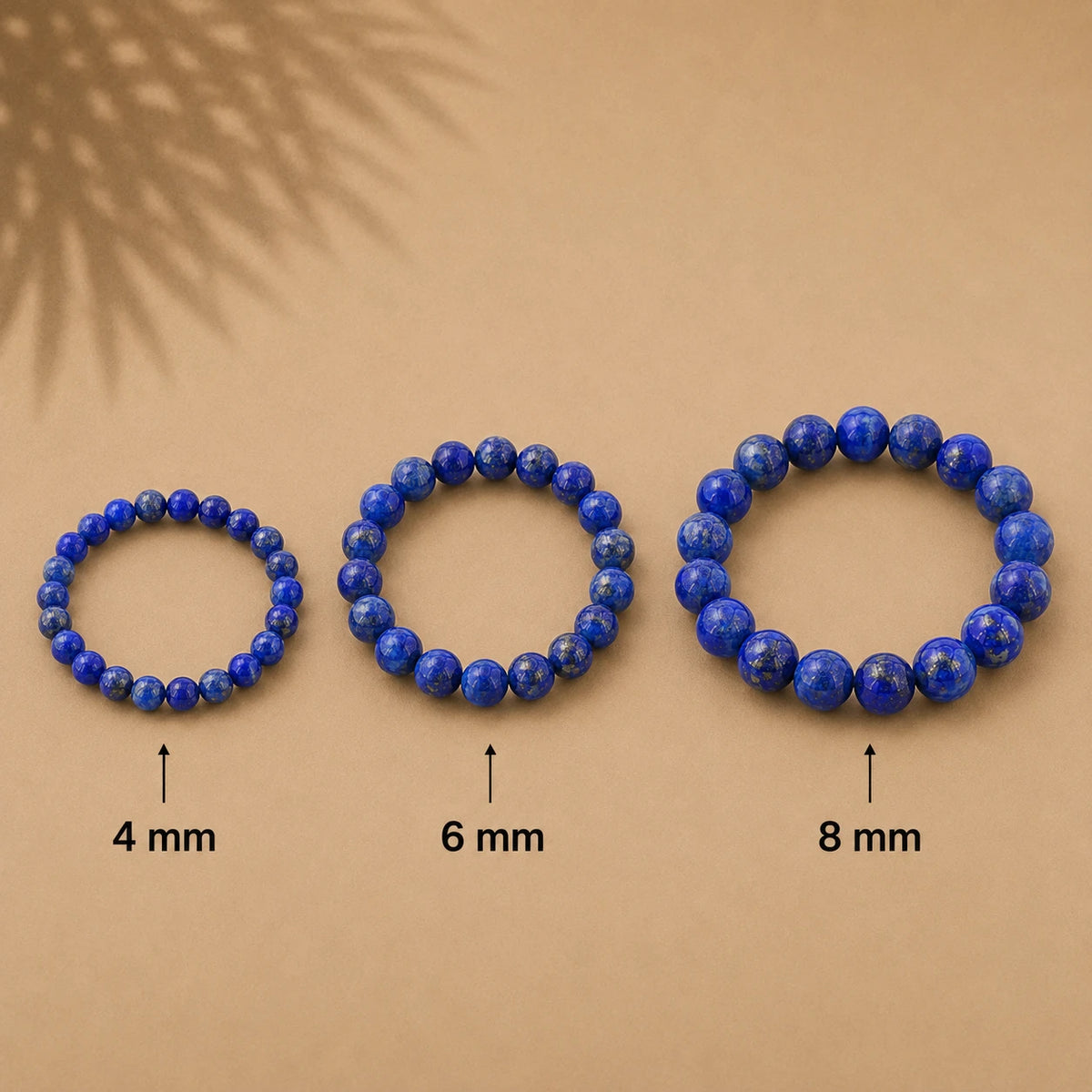 Lapislazuli Armband rund – Übersicht der Perlengrößen 4 mm, 6 mm und 8 mm