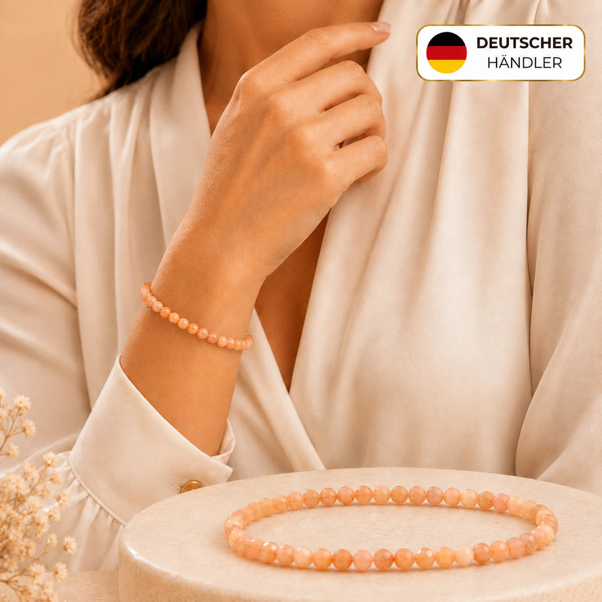 Rosa Mondstein Armband facettiert – Tragebild und Detailansicht