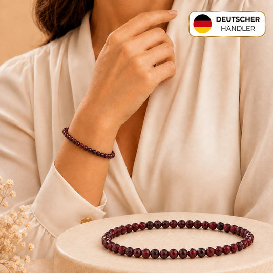 Roter Granat Armband facettiert – Tragebild und Detailansicht