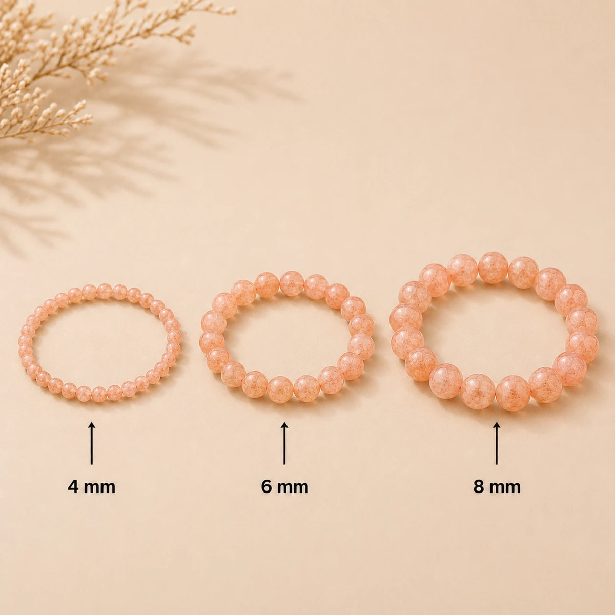 Sonnenstein Armband rund – Übersicht der Perlengrößen 4 mm, 6 mm und 8 mm