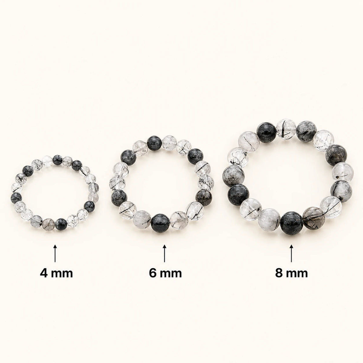 Turmalinquarz Armband rund – Übersicht der Perlengrößen 4 mm, 6 mm und 8 mm