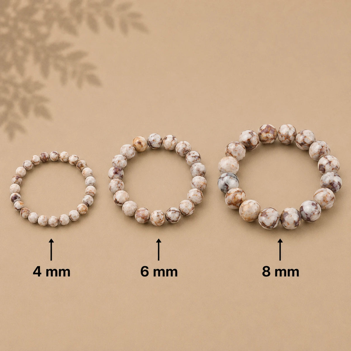 Maifan-Stein Armband rund – Übersicht der Perlengrößen 4 mm, 6 mm und 8 mm