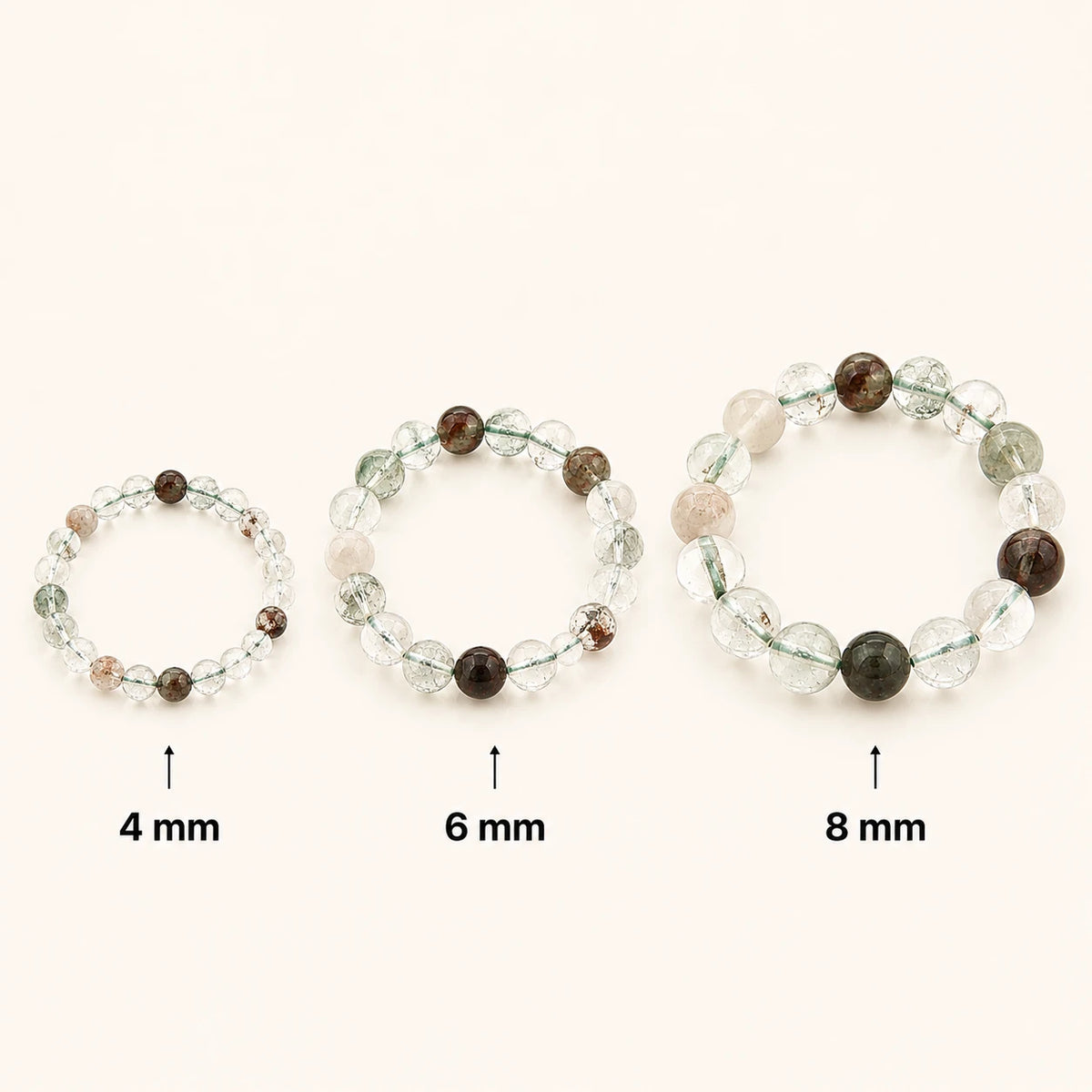 Phantomquarz Armband rund – Übersicht der Perlengrößen 4 mm, 6 mm und 8 mm