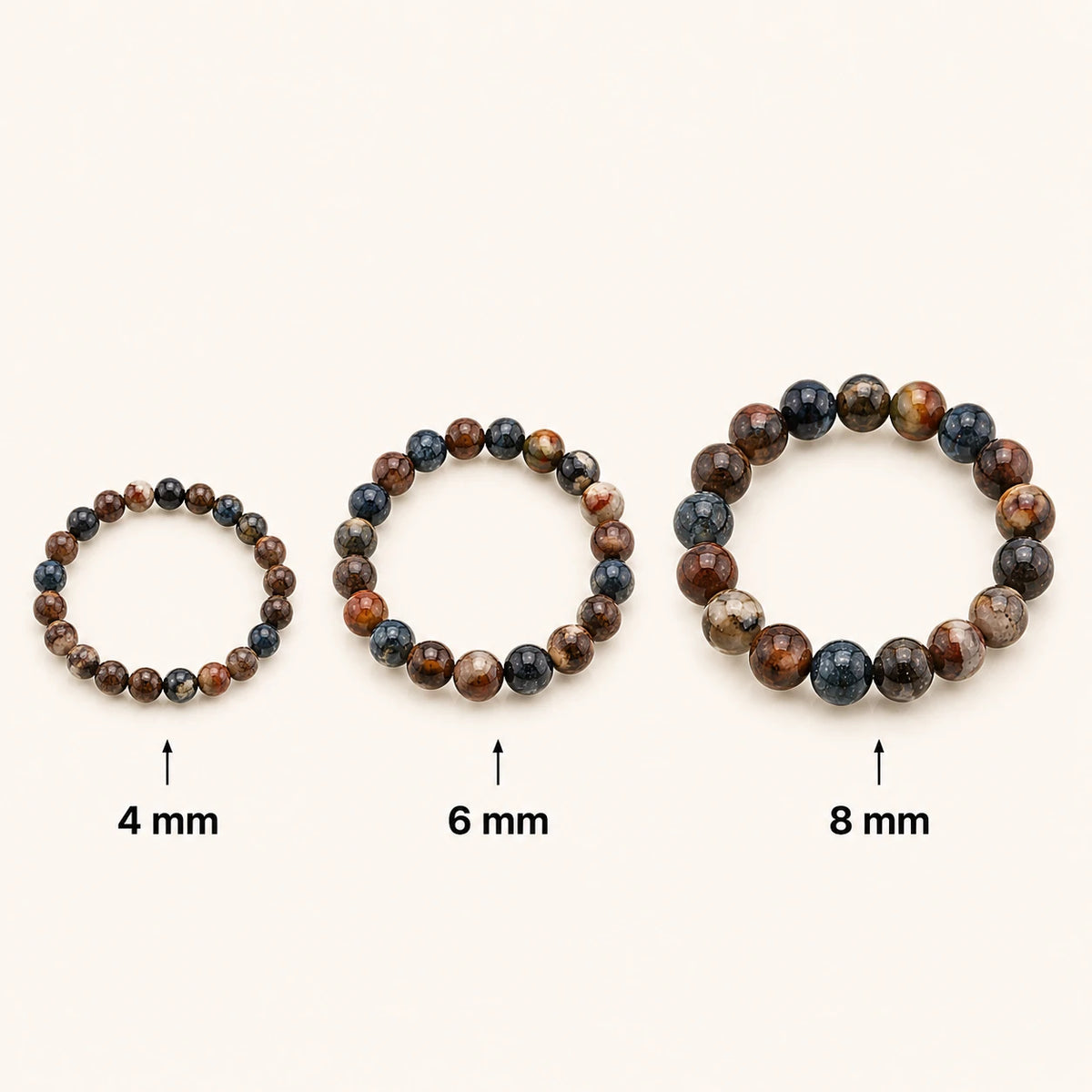 Pietersit Armband rund – Übersicht der Perlengrößen 4 mm, 6 mm und 8 mm