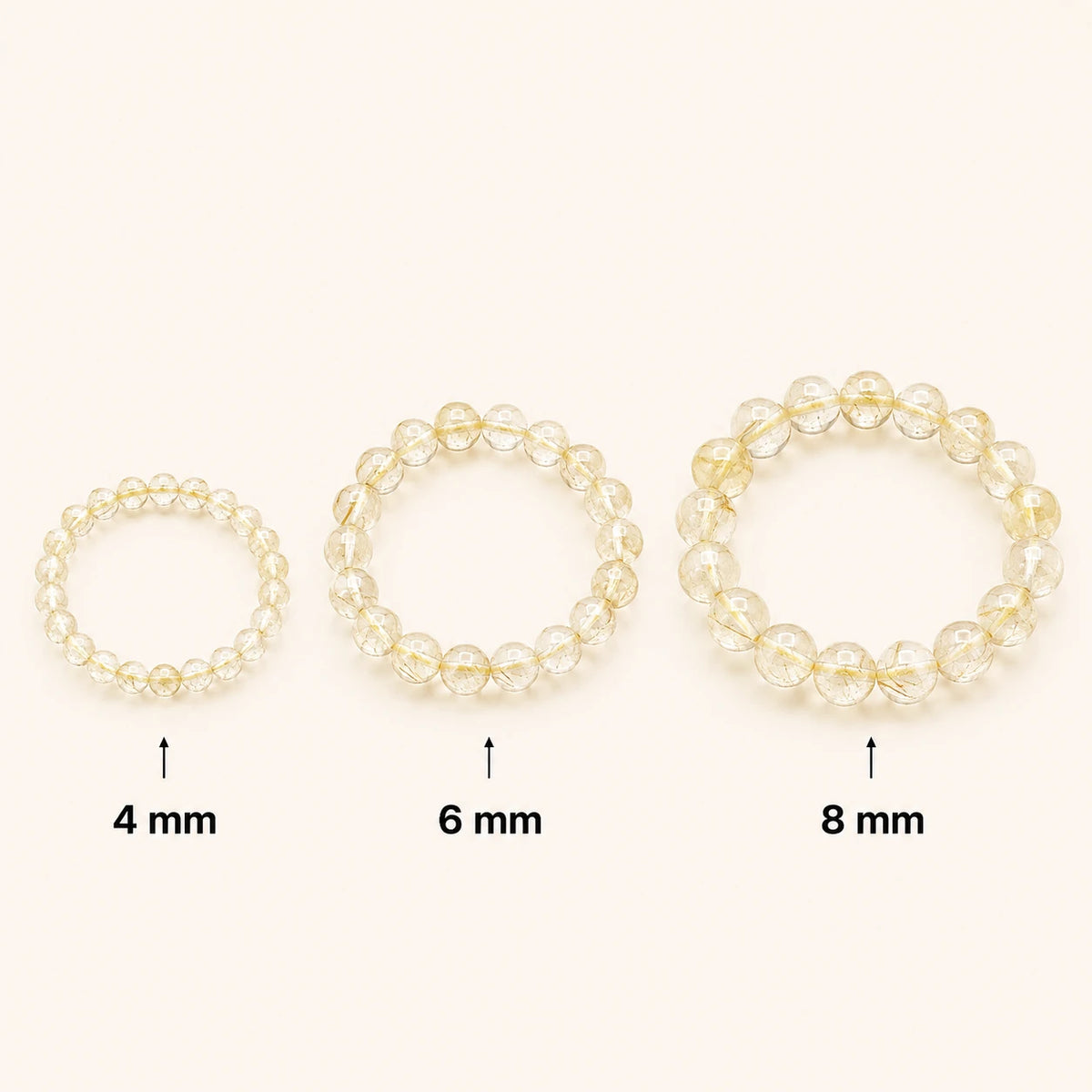 Goldrutilquarz Armband rund – Übersicht der Perlengrößen 4 mm, 6 mm und 8 mm