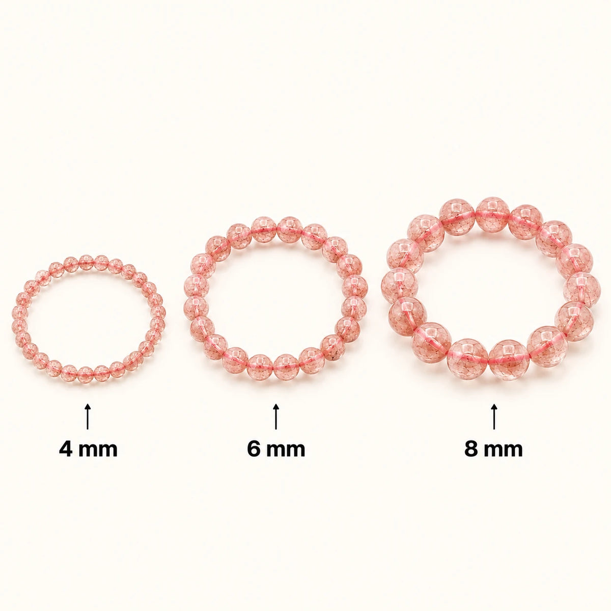 Erdbeerquarz Armband rund – Übersicht der Perlengrößen 4 mm, 6 mm und 8 mm