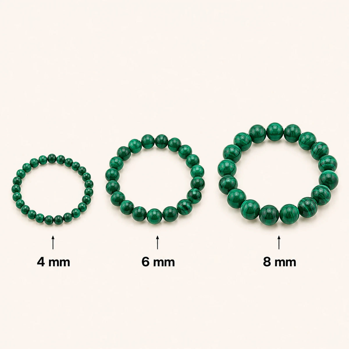 Malachit Armband rund – Übersicht der Perlengrößen 4 mm, 6 mm und 8 mm