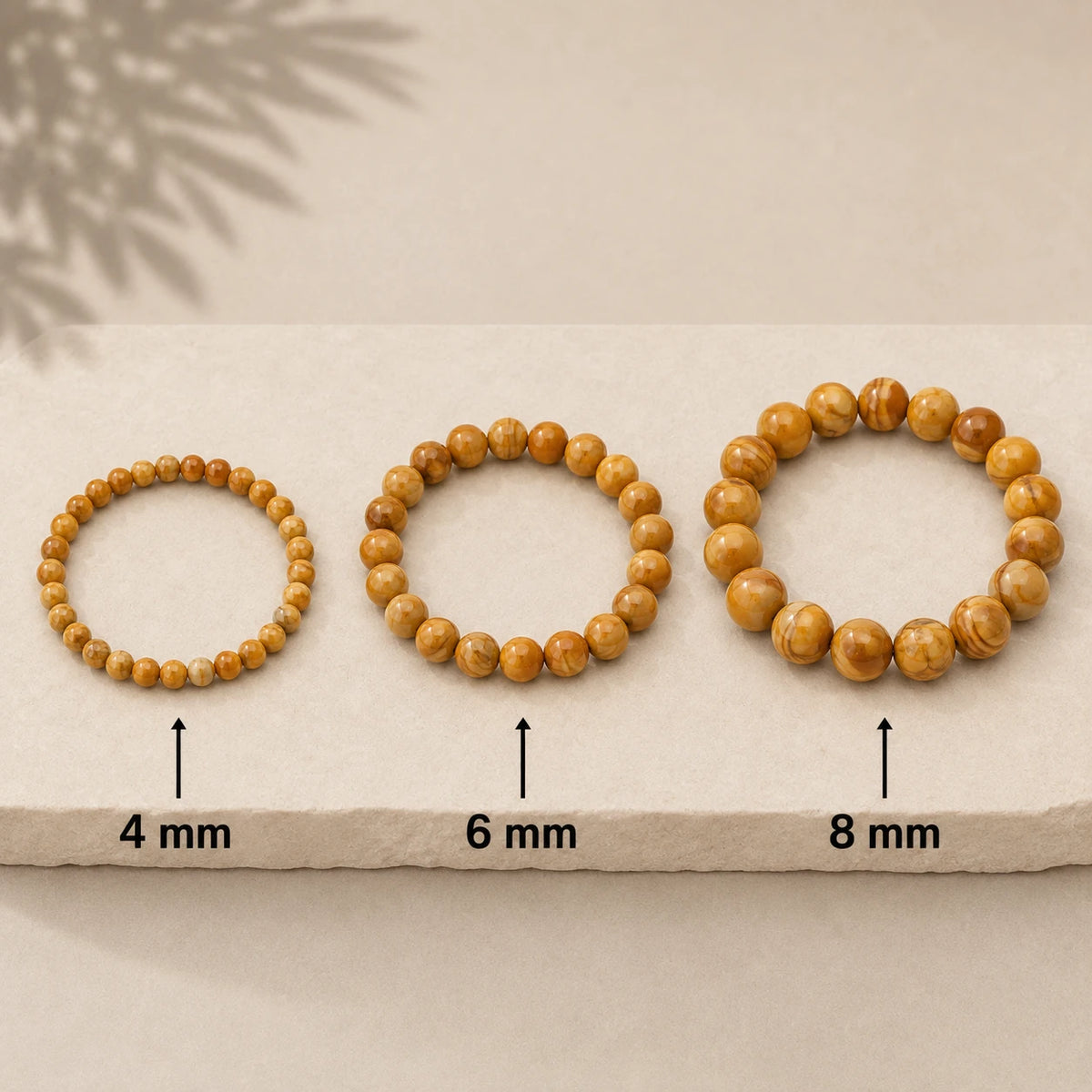 Holzmaser-Jaspis Armband rund – Übersicht der Perlengrößen 4 mm, 6 mm und 8 mm