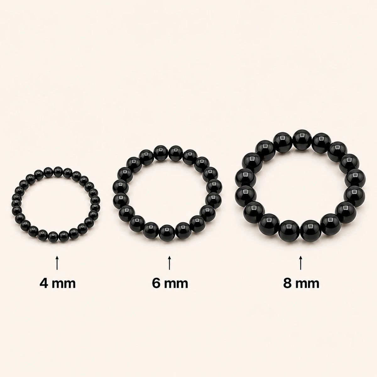 Schwarzer Turmalin Armband rund – Übersicht der Perlengrößen 4 mm, 6 mm und 8 mm